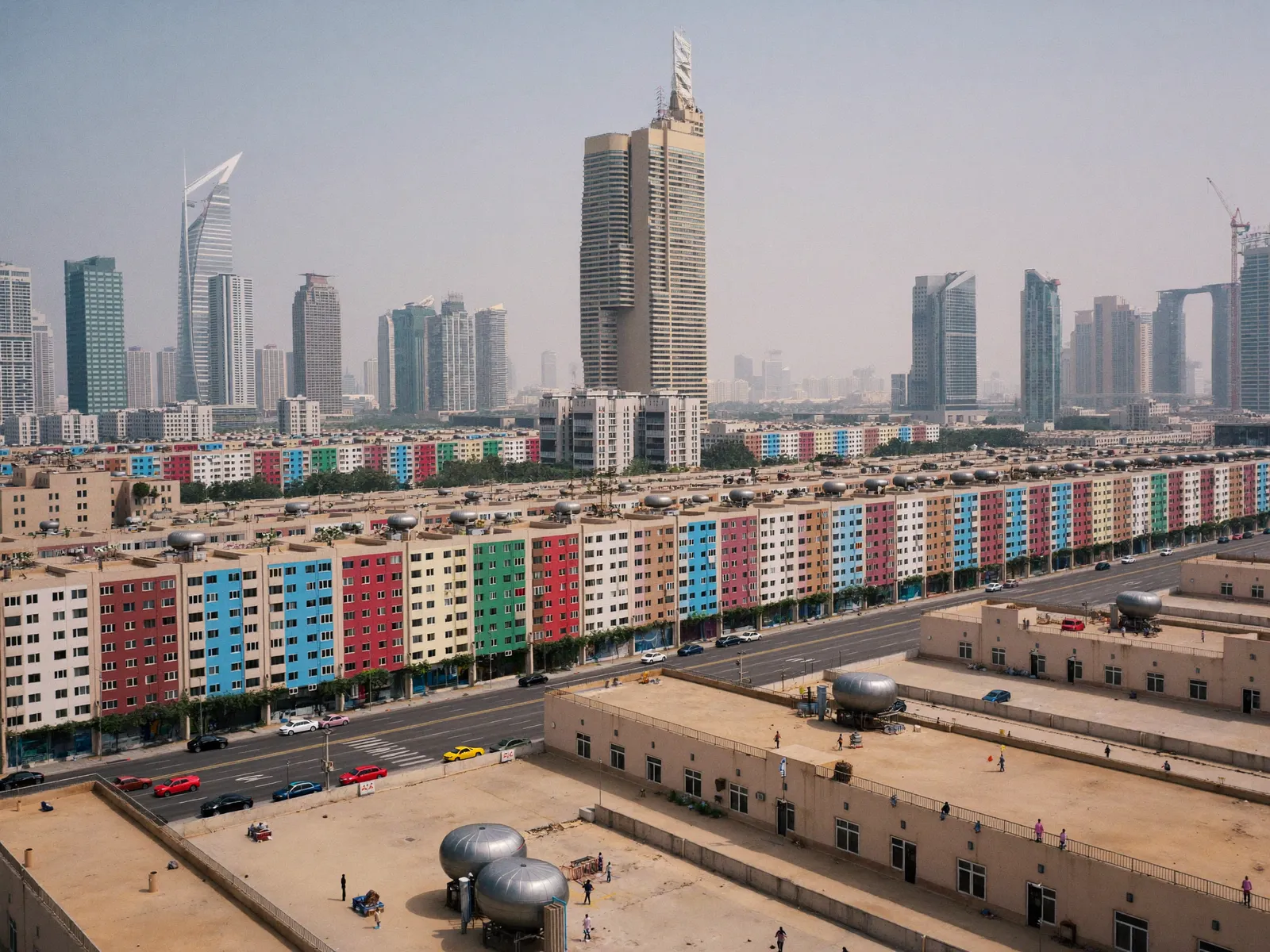 Rows of mid-rise apartment buildings in International City with rooftop water tanks