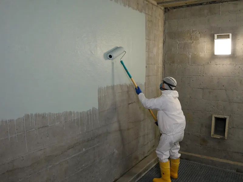 Worker applying a pale blue epoxy lining to the inside wall of a concrete water tank