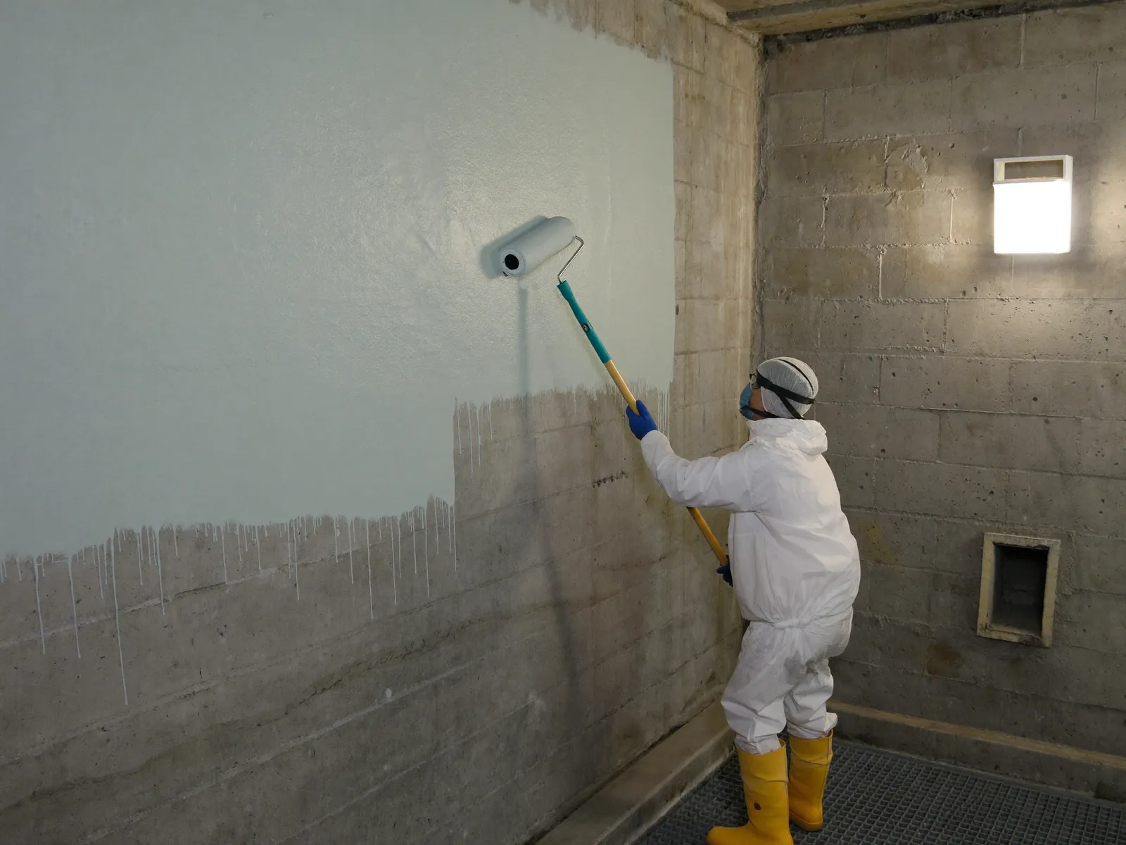 Worker applying a pale blue epoxy lining to the inside wall of a concrete water tank
