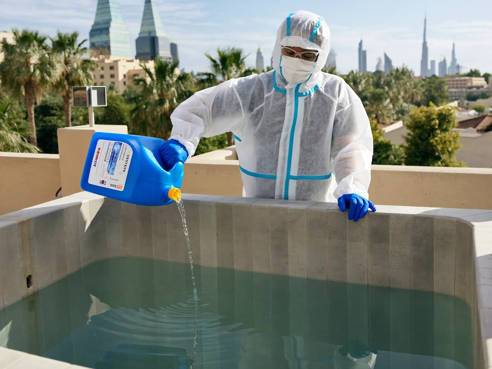 Technician dosing disinfectant into a clean empty water tank with a measuring container